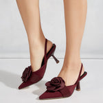Big Size 43 Elegant Flower Burgundy Slingback Sandals Mules Summer Sexy Pointy Toe Thin High Heels Sandals Shoes Women
