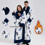 Warm Flannel Long Couples Robe Autumn Winter Color Block Lapel Funny Cartoon Print Bathrobe with Double Pockets Loungewear