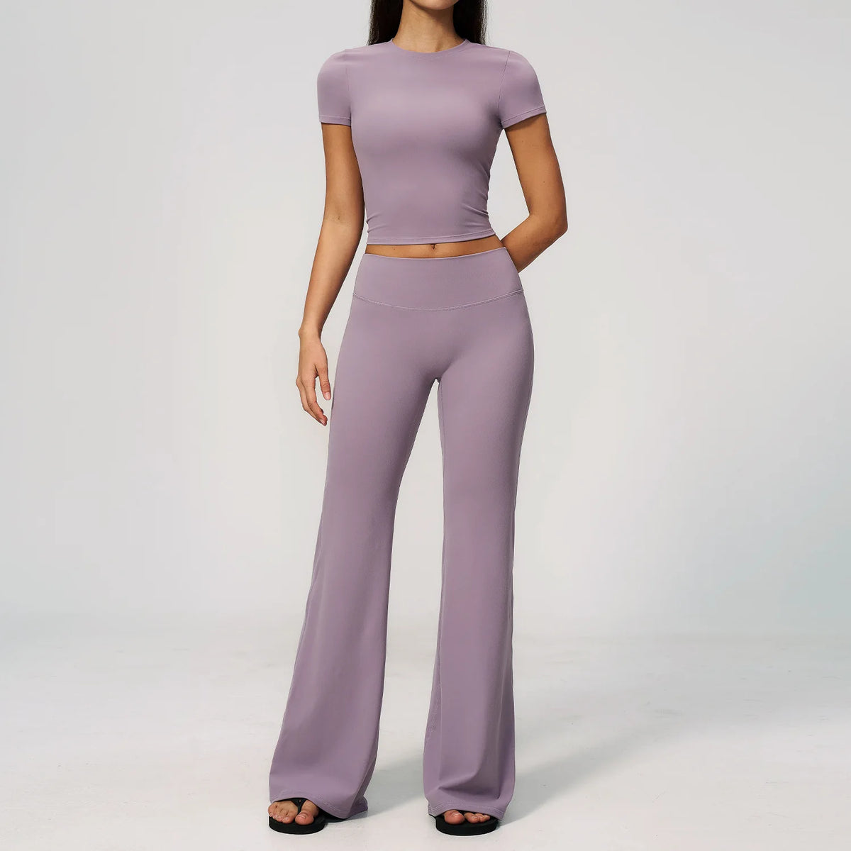 Creamy 2 Pieces Workout Suit Women Yoga Outfits Short Sleeve O Neck Slim Sports T Shirts High Waist Flare Pants Gym Fitness Sets