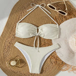 Sexy beige hollow out bow tie bikinis sets two pieces halter backless thong swimsuit Swimwear bathing suit beach outfits biquini