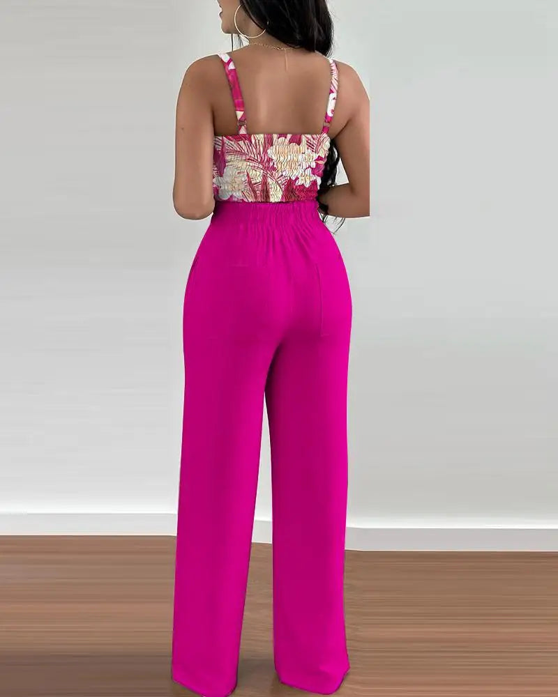 Women's Two Piece Sets Fashion Print Halter V-Neck Short Tank Suit Tops Long Pants Matching Set Summer Casual Female Slim Pants