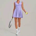 Summer Women Solid Tennis Dresses Sleeveless Turn Down Collar Pleated Skirts with Detachable Pocket Shorts Slim Yoga Golf Dress