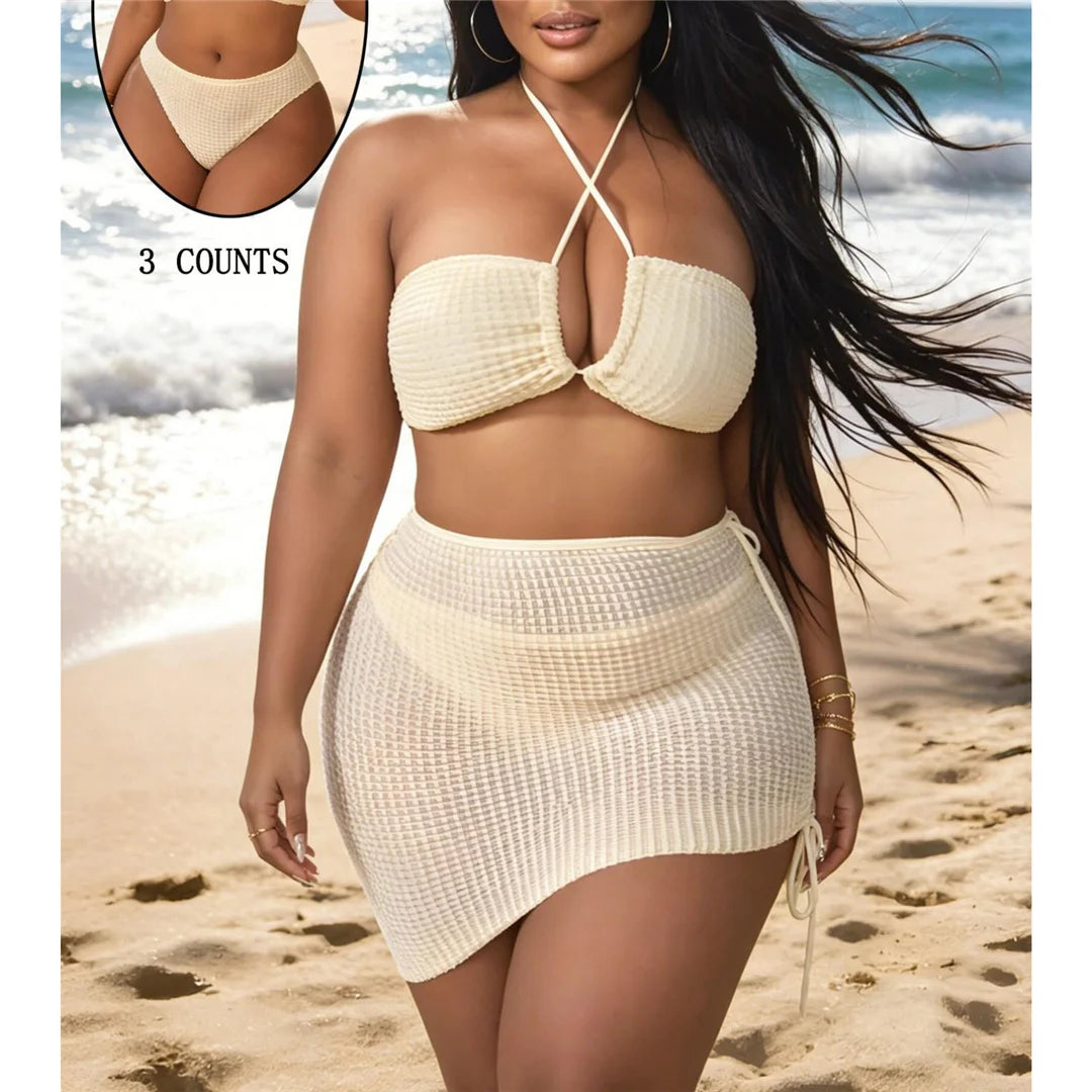 0XL - 4XL 3PCS Bikini Plus Size Large Size Swimwear Women Swimsuit Female Three-pieces Bikini set Bather Bathing Suit Swim V8191
