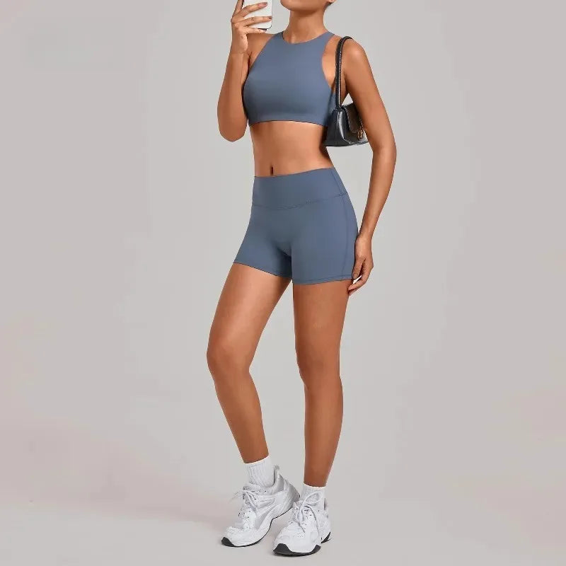 Women's Nude Yoga Sets Sports Cross Beauty Back Bra Hip-lifting Slim Fit Shorts Suits Running Fitness Workout Gym Sets