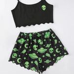 Sexy Alien Print Sling Sleepwear Women's Pajamas Set V-Neck Pyjamas Female Homewear Sleeveless CuteTop And Shorts