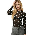 Women’s Spring Summer Crew Neck Mesh T-Shirts Long Sleeve Dots Print Slim Fit Transparent Classic Tops