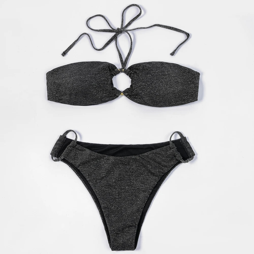 ZTVitality Shiny Black Women Swimsuit Sexy Bikini 2022 New Arrival Halter Padded Bandage Ring Beach Swimwear Brazilian Biquini