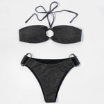 ZTVitality Shiny Black Women Swimsuit Sexy Bikini 2022 New Arrival Halter Padded Bandage Ring Beach Swimwear Brazilian Biquini