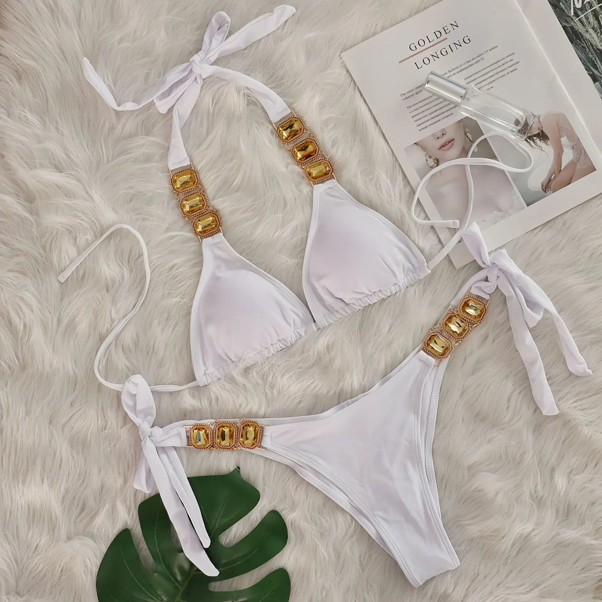 DEKA Women's Rhinestone String Green Bikini Set Sexy Female Beach Vacation 2 Piece Swimsuit