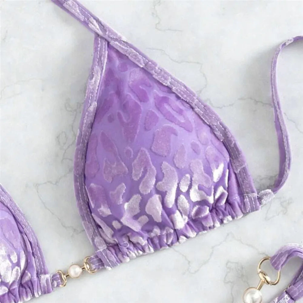 Purple Velvet Leopard Swimsuit Sexy String Halter Triangle Bikinis Sets De Mujer Micro Thong Swimwear Women Bikinis Bathing Suit