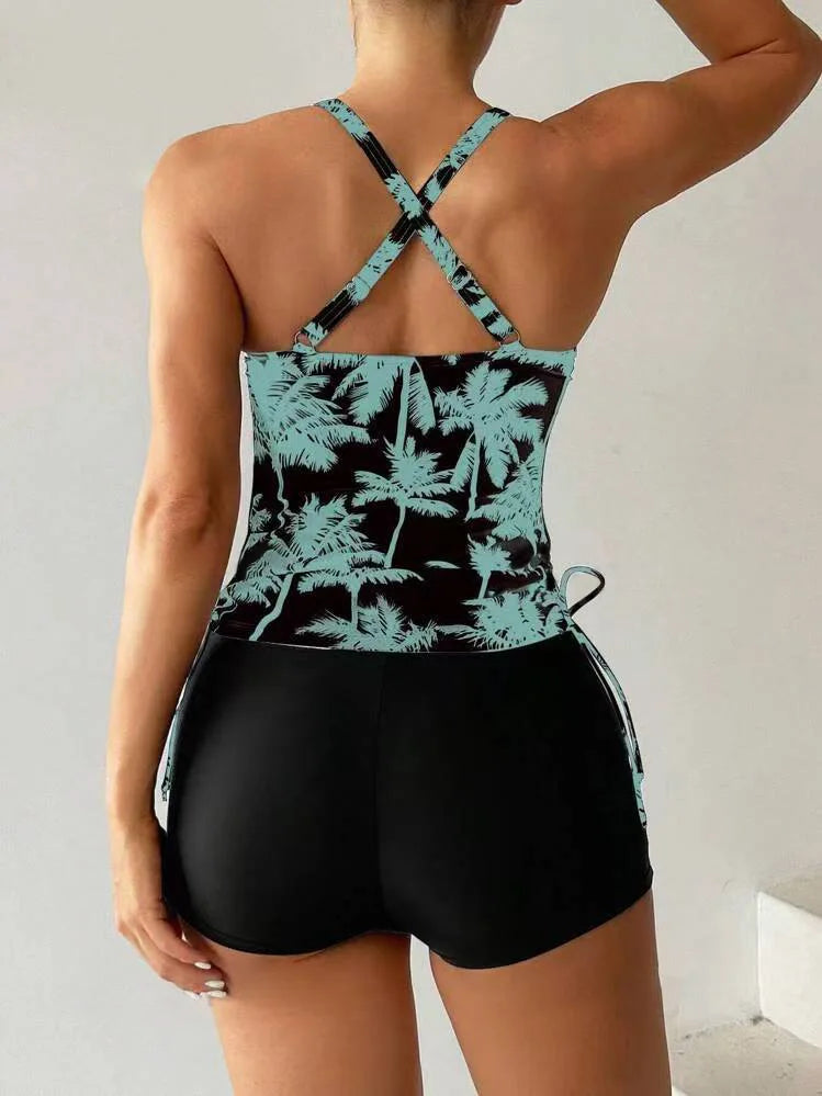 High Waist Swimwear Women 2025 New Two Pieces Swimsuit with Shorts Coconut Palm Print Tankini Set Summer Bathing Suit Trunks