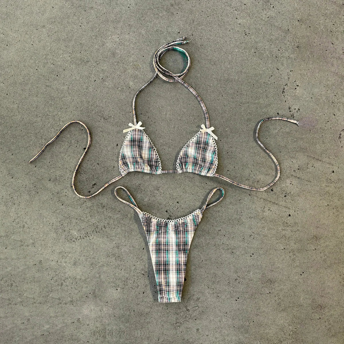 New 2026 Women's Micro Bikini Set Plaid Print Neck Lace-up Backless Biquini Beachwear Sexy Push Up Thong Low WaistBathing Suit