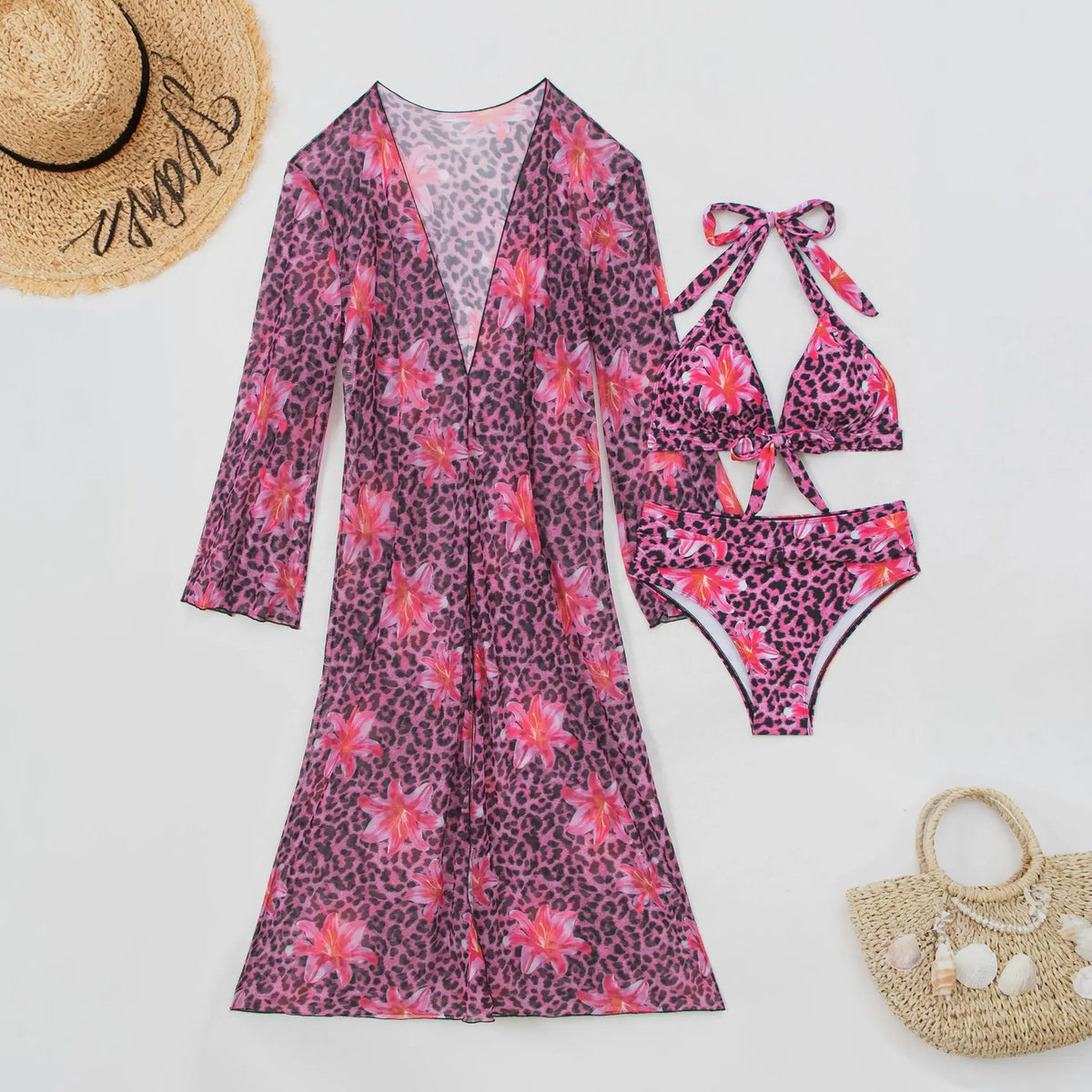 Blue Leopard Print Bikini Set Large Size Women Front Tie Push Up High Waist Swimsuit 2026 Long Sleeve Cover Up 3 Piece Swimsuit