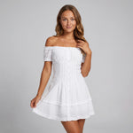 Women Summer White Dress Trim Off Shoulder Short Sleeve Button-up A-line Mini Dresses for Daily Office Party