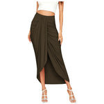 Women's High Waisted Ruched Maxi Skirt Pleated Solid Asymmetrical Split Hem Long Skirt Casual Draped Wrap Bodycon Summer Skirts