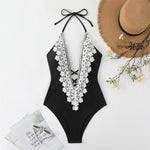 Sexy Push Up Tummy Control Swimwear Women Black Plunge Neck Padded One Piece Swimsuit Lace Beach Bathing Suit Bodysuit Monokini