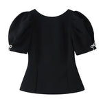 Women's Fashion Casual Bowknot Faux Pearl Puff Sleeve Black Puff Sleeve Bow Detail Peplum Waist Short Sleeve Top For Women Q2Y3