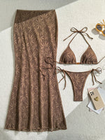 DEKA Women Vintage Beige Leaves Print Bikini Set Drawstring High Waist Mesh Pants 3 Piece Swimsuit Holiday Bathing Suit Swimwear