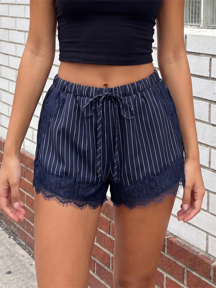 Women's Summer Shorts Elastic Waist Striped Lace Hem Loose Shorts with Pockets Fashion Daily Out Going Lounge Short Pants