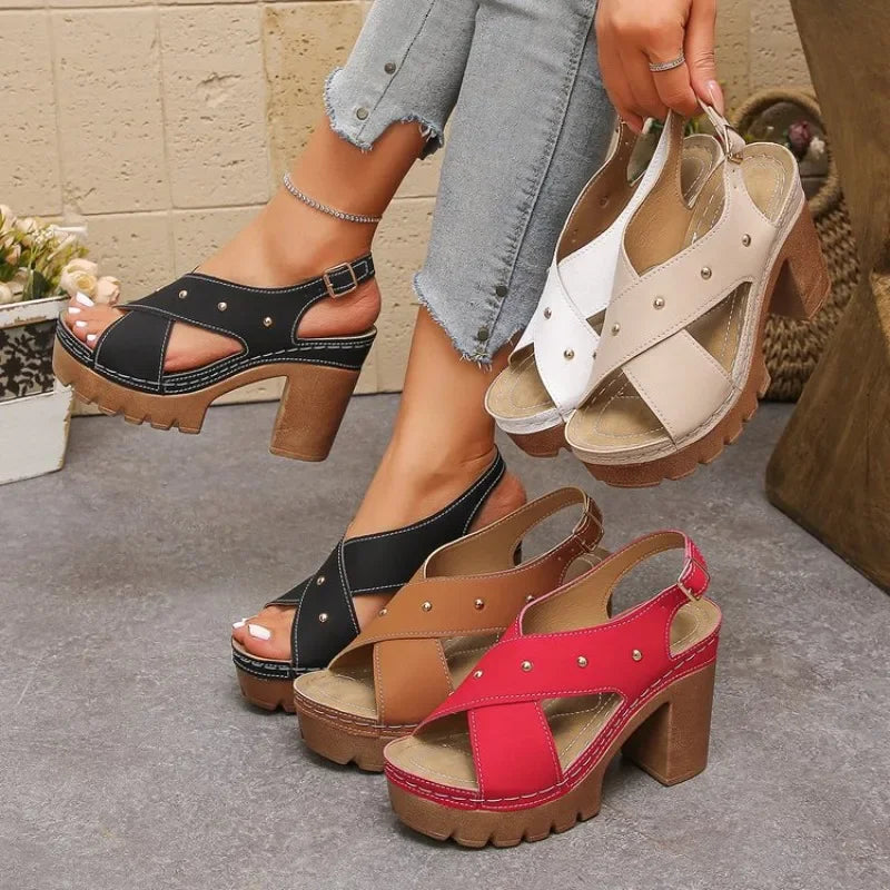 2026 New Plus Size High Heel Sandals Women's Block Heel Buckle Strap Casual FashionFish Mouth Shoes