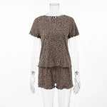 Women Leopard Print Pleated Pajama Set Ruffle Short Sleeve Crop Top Elastic High Waist Shorts Soft Casual Loungewear Sleepwear
