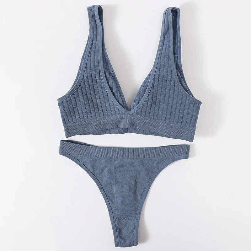 Women Seamless Bra And Panties Set Push Up Bras High Leg Cut Thongs Sport Wireless Brassiere Sexy Lingerie Ribbed Underwear