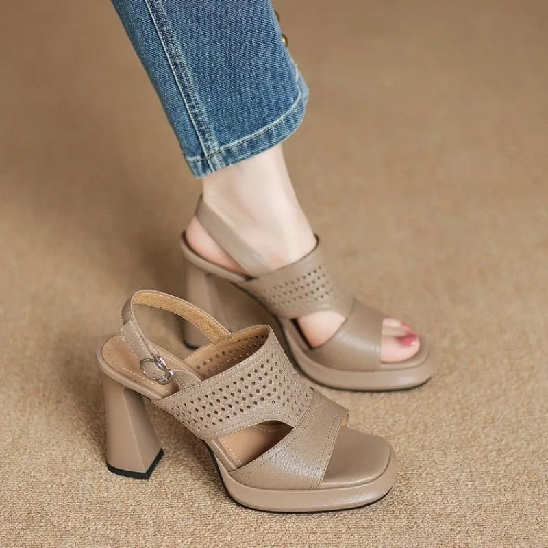 2026 Women's Thick Heel Sandals Summer Hollow Waterproof Platform High Heels Fish Mouth