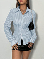 Women's Simple Striped Button Down Slim Fit Long Sleeve Shirt Work Commuting Button Collar Shirt Streetwear Autumn/Winter
