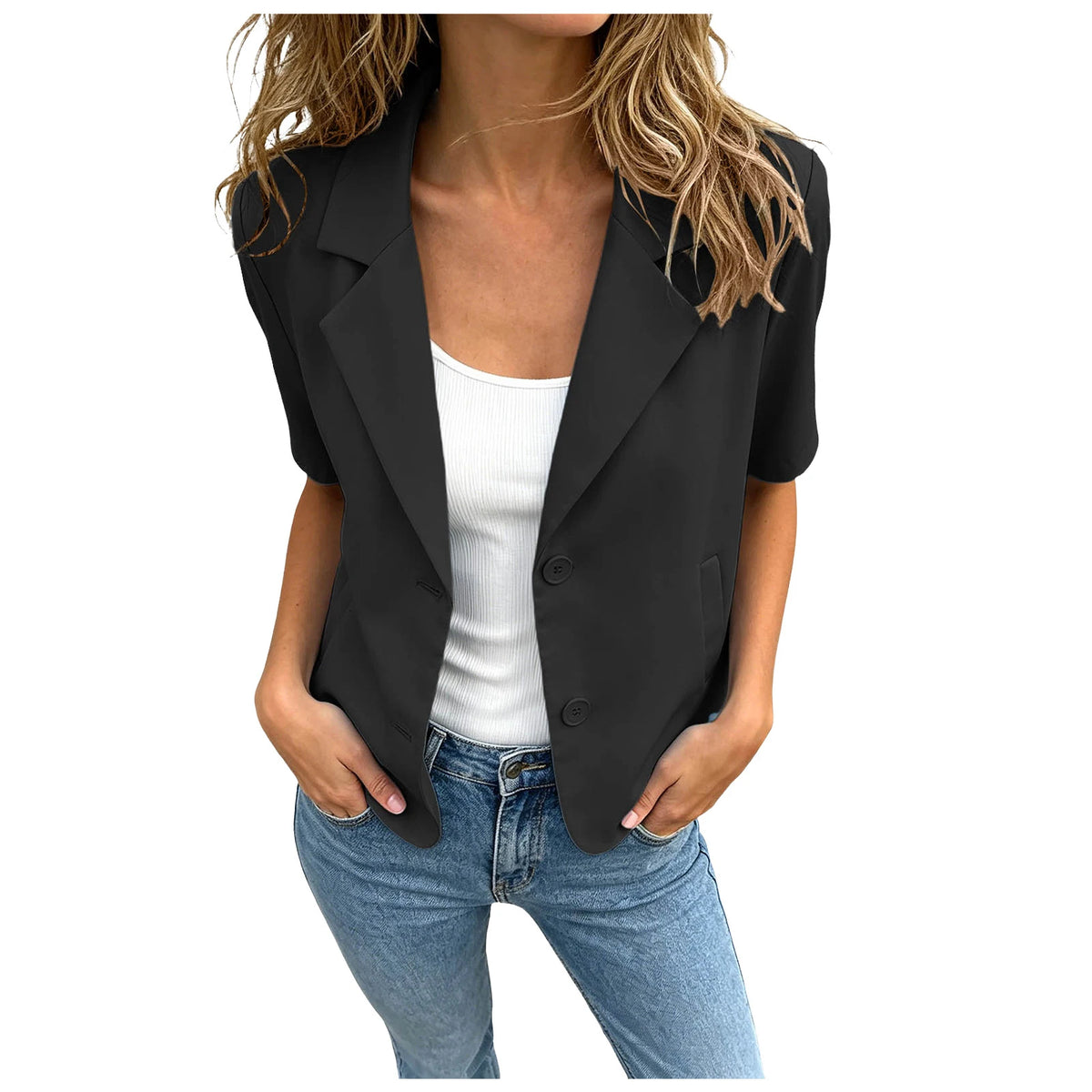 Women Cropped Short Sleeve Blazer Jacket Lapel Collar Buttons Loose Solid Suit Coat Summer Casual Office Outerwear With Pocket