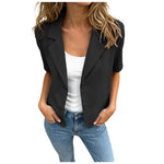 Women Cropped Short Sleeve Blazer Jacket Lapel Collar Buttons Loose Solid Suit Coat Summer Casual Office Outerwear With Pocket