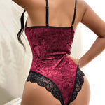 Women’s Red Velvet Lace Bodysuit Lingerie – Deep V Neck One-Piece Teddy with Black Lace Trim, Sexy Slim Fit Nightwear