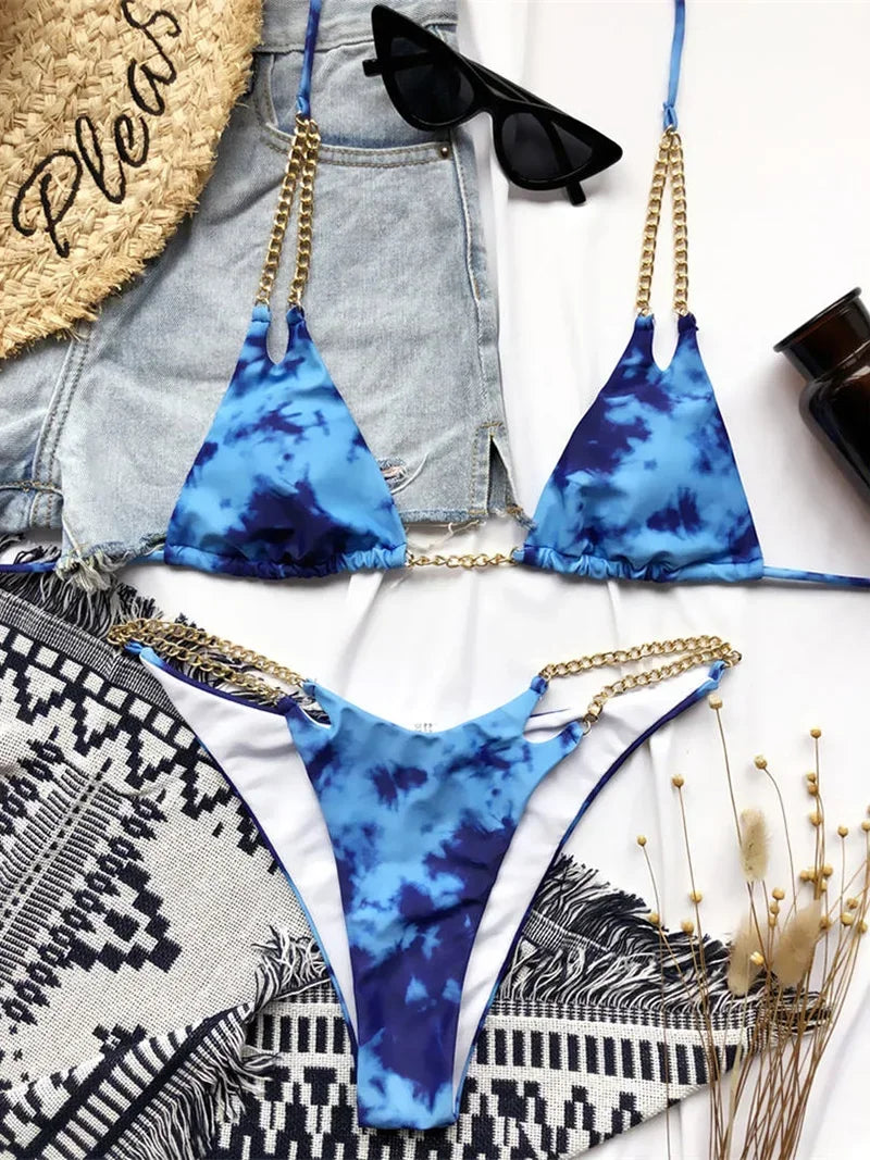 Sexy Cow Print Halter Metal Chains Brazilian Bikini Women Swimsuit Female Swimwear Two Pieces Bikini Set Bathing Suit Swim Lady