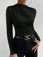 Casual Pleated Mock Neck Long Sleeve T-shirt for Women Autumn Winter Spring Solid Color Ruched Skinny Slim Fit Blouse Top Tshirt