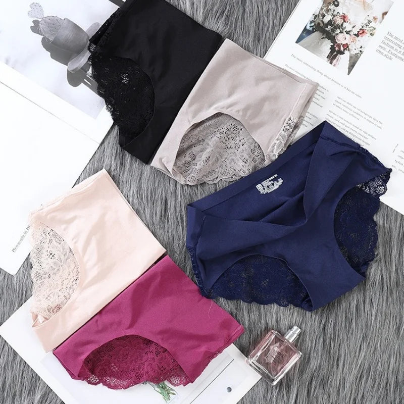 4Pcs/Set Panties Sexy Briefs Lace Trims Panties For Women Comfort Breathable Panty Low-Rise Lingerie M-XXL Ice Silk Underwear