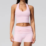 2PCS Yoga Set Women V-neck Cross Neck Shock-absorbing Sports Vest Workout Pleate Flip High Waist Shorts Gym Runing Fitness Suits