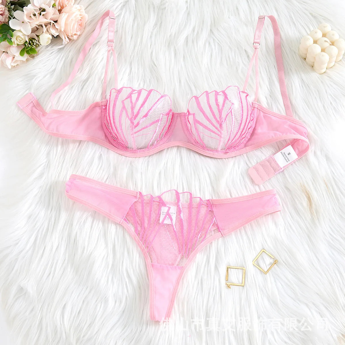 2pcs Women's Bra Set Sexy Lace Mesh Lingerie Set Ultra Thin Breathable Comfortable Lightweight Scallop Transparent Lingerie Set