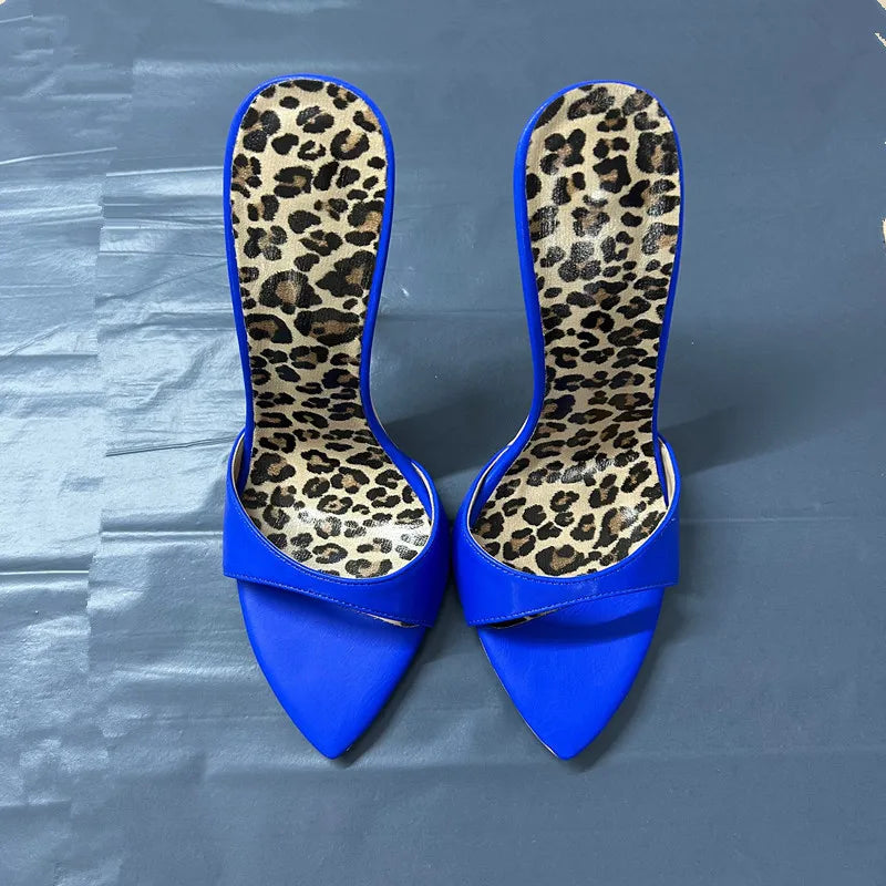 10cm Heeled Mules Candy Color Pointed Open Toe 12cm High Stiletto Heels Summer Party Dress Women's Slippers royal blue 12cm