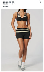 Breathable Striped Patchwork Yoga Clothing Women Fake Two-piece Sports Bra Folding High Waist Shorts Gym Running Fitness Suit