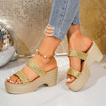 Fashion Gold Woven Wedge High Heel Sandals Women Summer Chunky Platform Slippers Woman Plus Size Comfortable Thick Heels Sandals