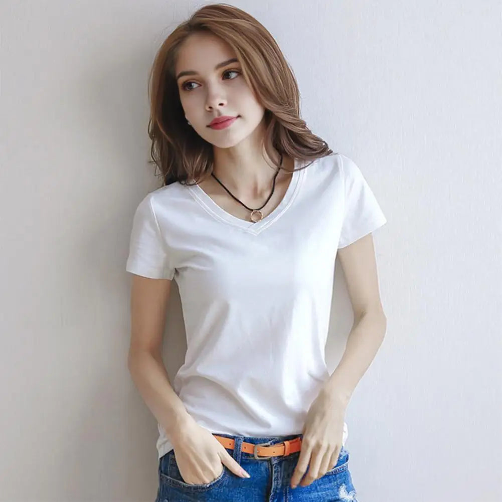 Women Summer T-shirt V-neck Short Sleeve Slim Fit T-shirt Solid Color Pullover Tops Women Bottoming Shirt Streetwear