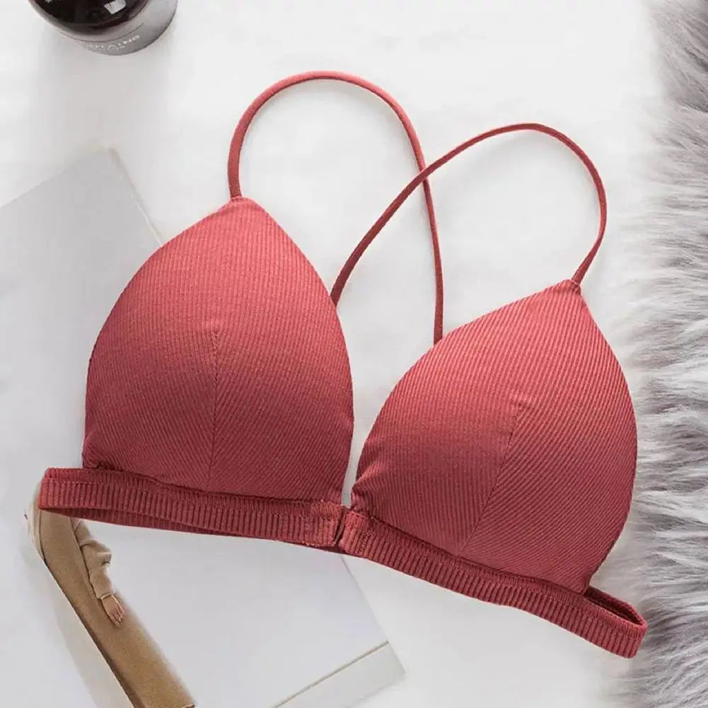 Women Simple Bra Triangle Cup Thin Straps Wrapping Chest Front Buckle Wireless Ribbed Bra Sexy Sports Cross Back Bra