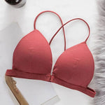 Women Simple Bra Triangle Cup Thin Straps Wrapping Chest Front Buckle Wireless Ribbed Bra Sexy Sports Cross Back Bra