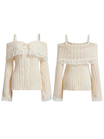 Women Long Sleeve Contrast Lace Knit Pullovers Autumn Winter Cold Shoulder Sweaters Bow Front Jumper Tops Beige/Pink
