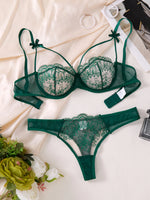 Green Floral Lace Lingerie Set Sheer Mesh Underwire Bra With Bow & Thong Women Sexy Underwear ZA824057