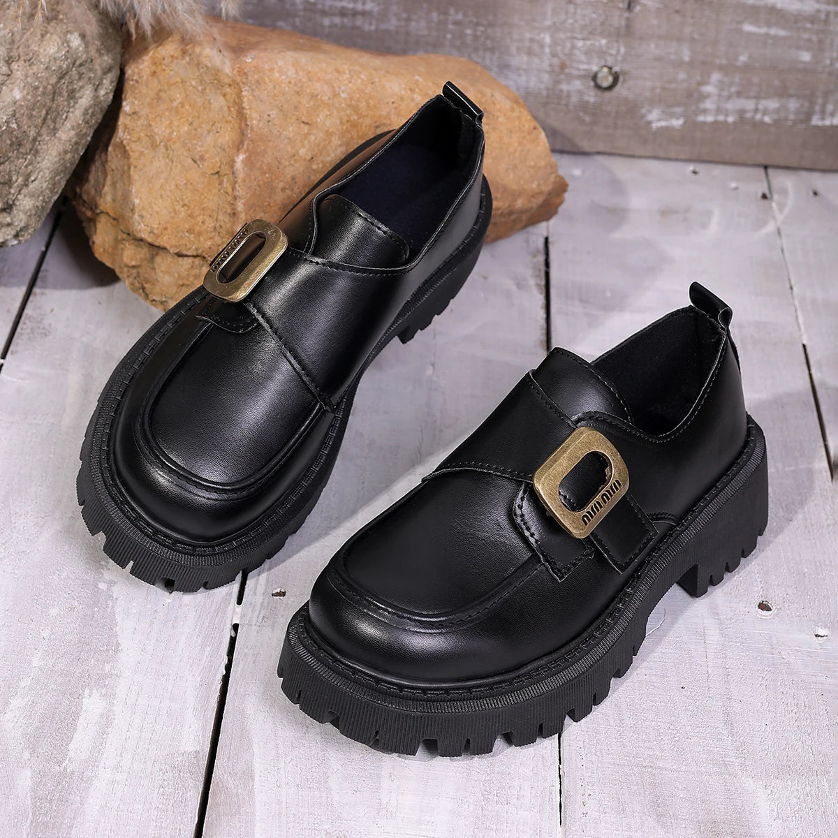 Women Buckle Platform Loafers PU Leather Slip On Chunky Lug Sole Round Toe Casual Office Daily Dress Shoes