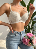 Women White Lace Bra Delicate Lace Back Adjustable Straps Padded Bralette Comfortable Everyday Backless Dress Lingerie B6127