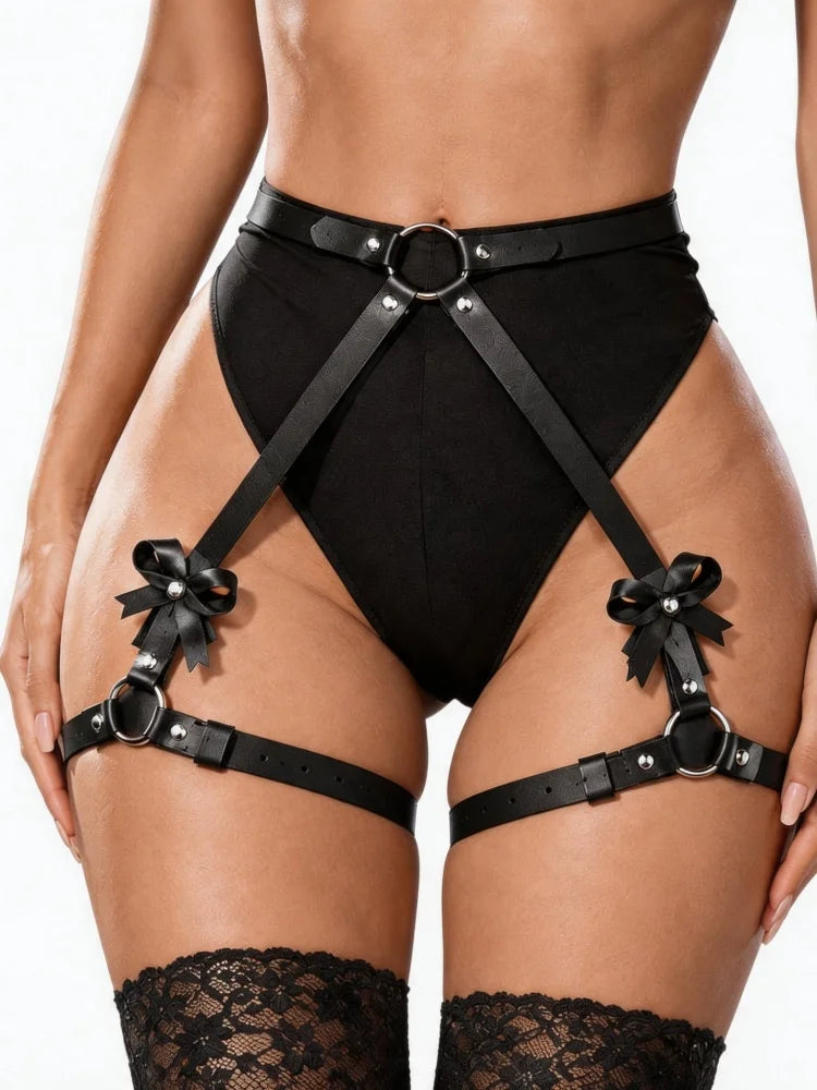 PU Leather Bondage Women Harness Outfit Adjustable Strappy Costume with Buckle Belt Thigh Straps Gothic Halloween Costume Set
