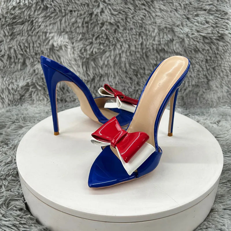 blue patent leather Pointy ToeSandals WithBow Women Summer Casual Thin High Heel Shoes Female Outfit Evening Cross Strap Mul