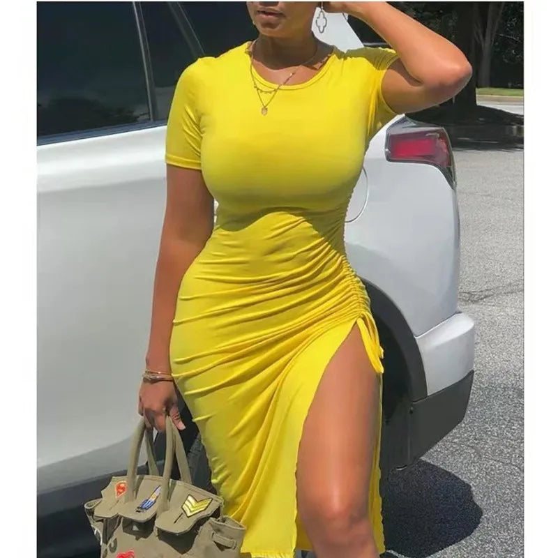 Trendy Printed Slim Midi Dresses Women Fashion Package Hip Bodycon Short Sleeves Drawstring Slit Dress Casual Ladies Streetwear