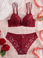 Women's Sexy Lingerie Set Lace Patchwork Solid Color Bowknot Rhinestone Embellished Push-Up Double Shoulder Strap Unlined Comfortable Underwear, Lace Semi-Transparent Breathable Panties
